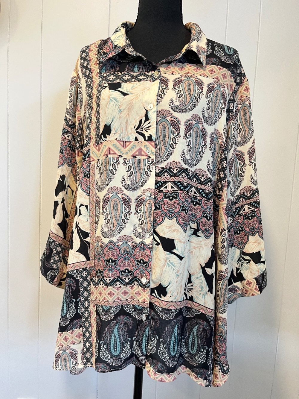 Rose & Olive Patchwork Paisley Button Down Blouse Shirt Plus Size 2X